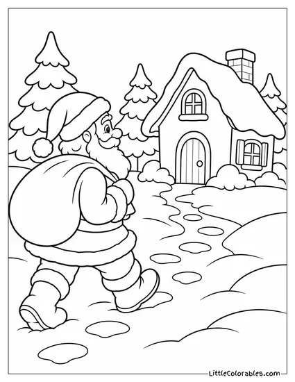 Classic Santa Walking Through Deep Snow Toward a Lit Cottage Coloring Page