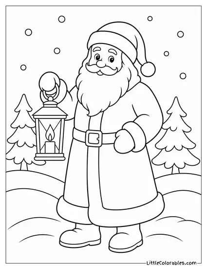 Classic Vintage Santa in a Long Coat Carrying a Lantern in the Snow Coloring Page