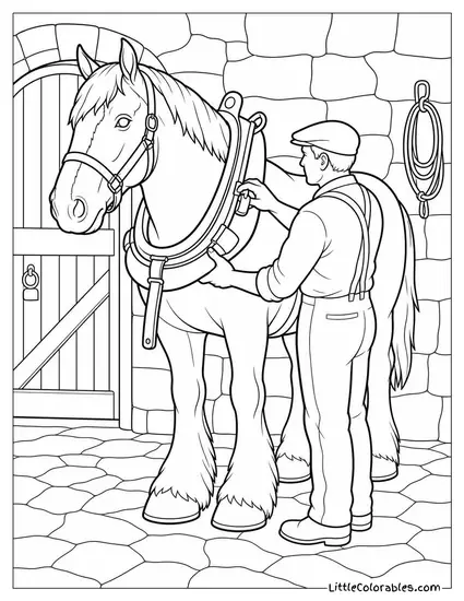 Clydesdale Horse Being Fitted with Its Collar in a Stone Floored Stable Coloring Page