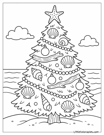 Coastal Christmas Tree Decorated with Seashells and Driftwood Coloring Page