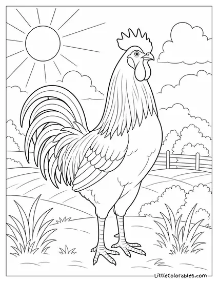 Cockerel Standing Very Straight in the Full Morning Light with Hackles Shining Coloring Page