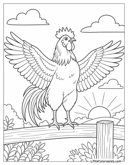 Cockerel Stretching Both Wings Fully Out on a Sunny Morning Perch Slowly Coloring Page