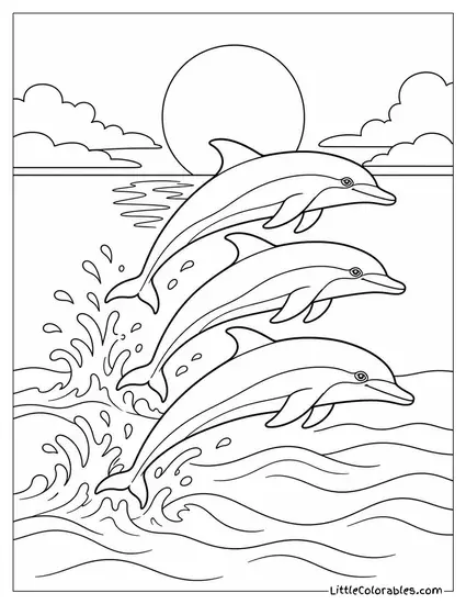 Common Dolphin Pod Leaping in Synchrony at Sunset Coloring Page