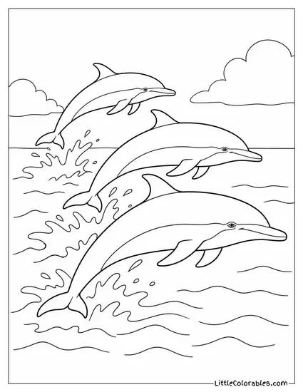 Common Dolphin Pod Porpoising Across Open Ocean Coloring Page