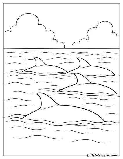 Common Dolphin Pod Showing Only Dorsal Fins Above Coloring Page