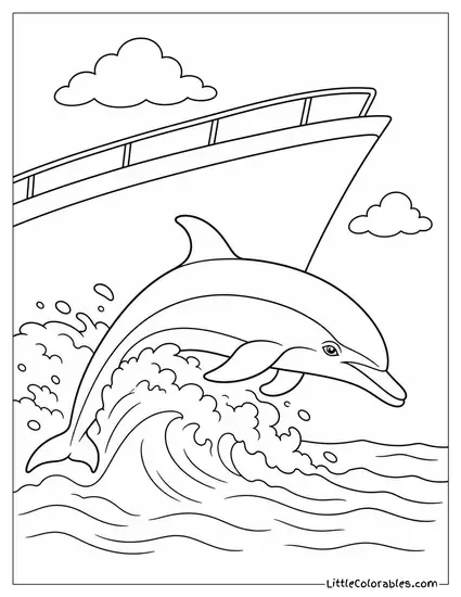 Common Dolphin Riding a Ship Bow Wave Coloring Page