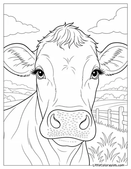 Cow Face Close-Up with Long Dark Eyelashes and a Large Wet Nose Coloring Page