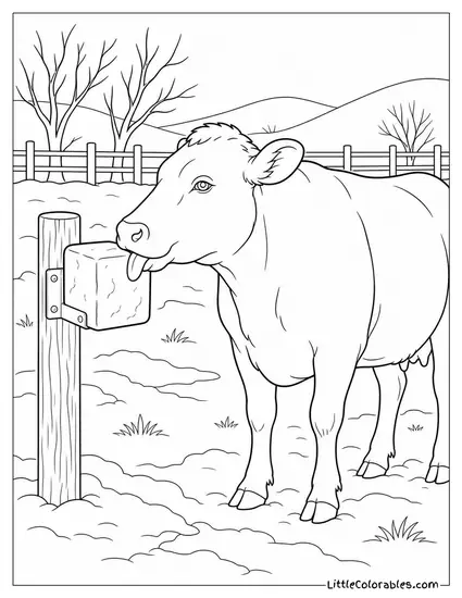 Cow Licking a Salt Block Mounted on a Post in a Winter Field Coloring Page