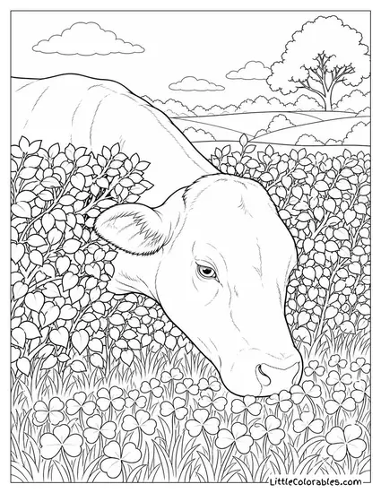 Cow Pressing Its Broad Forehead Through a Hedge to Reach Clover on the Other Side Coloring Page