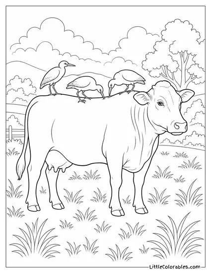 Cow Standing Still While Cattle Egrets Pick Insects from Her Back and Neck Coloring Page