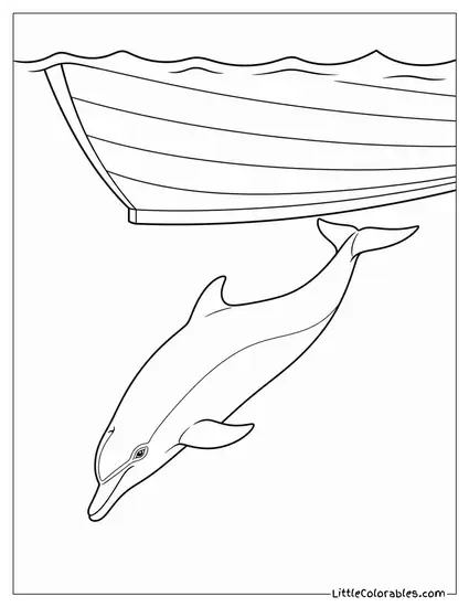 Dolphin Gliding Upside Down Below a Boat Hull Coloring Page