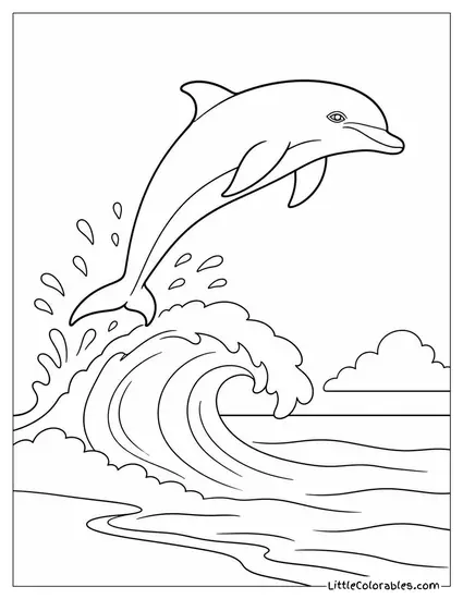 Dolphin Leaping Over a Breaking Wave Near Shore Coloring Page