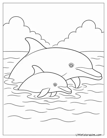 Dolphin Mother and Calf Surfacing Together Coloring Page