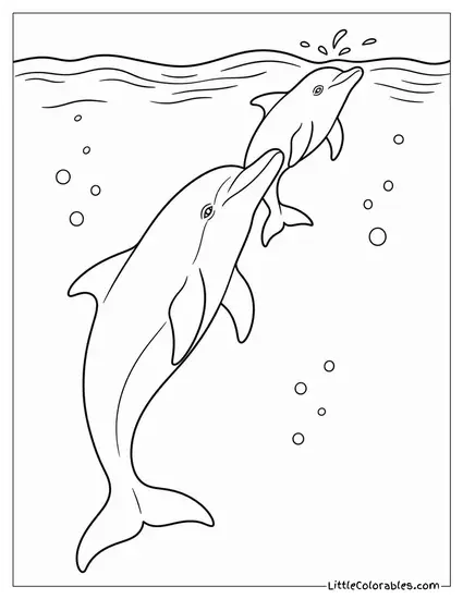 Dolphin Mother Nudging Newborn Calf to the Surface Coloring Page