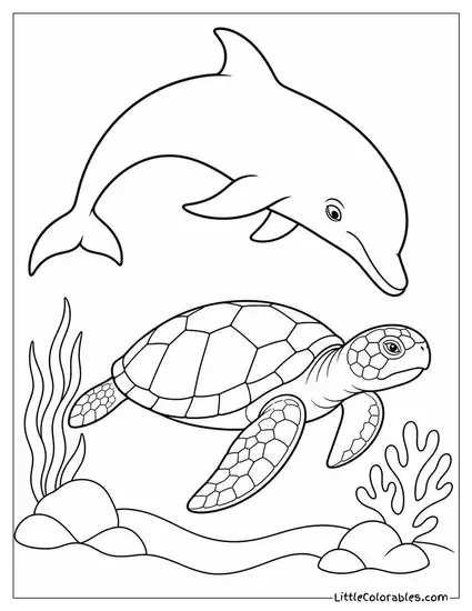 Dolphin Watching a Sea Turtle Pass Beneath It Coloring Page