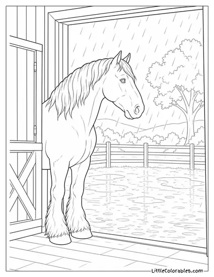 Draft Horse Standing in a Stable Doorway Watching Rain Fall in the Yard Coloring Page