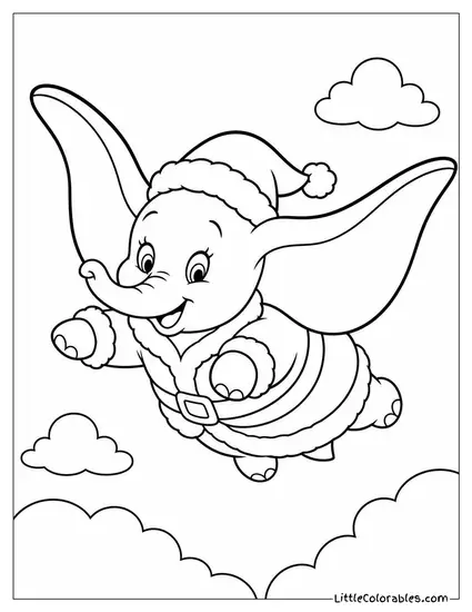 Dumbo Dressed as Santa Flying with His Ears Instead of Reindeer Coloring Page