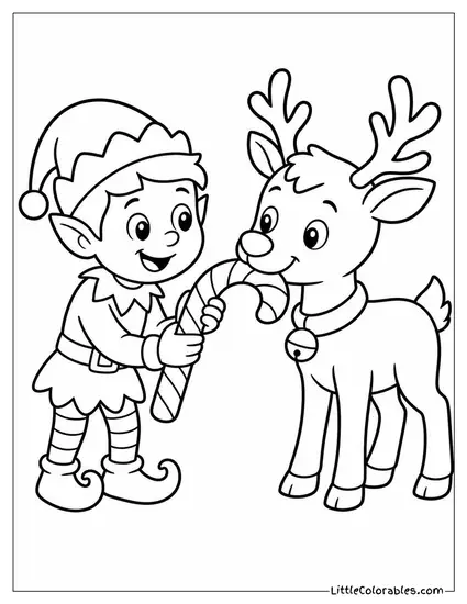 Elf and Reindeer Sharing a Candy Cane Coloring Page