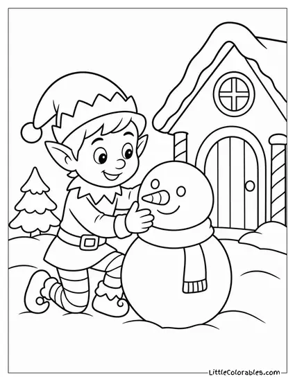 Elf Building a Snowman Outside the Workshop Coloring Page