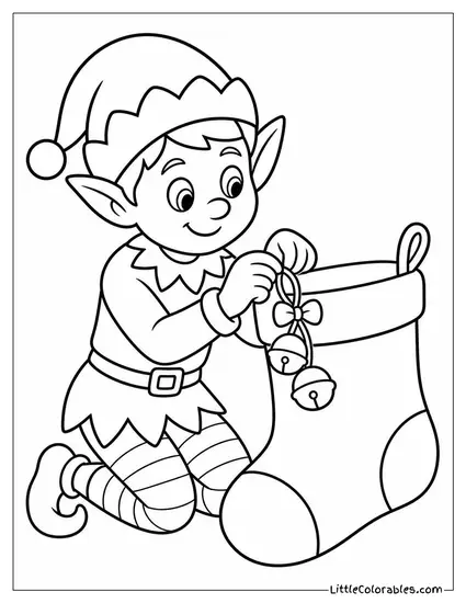 Elf Decorating a Stocking with Tiny Bells Coloring Page