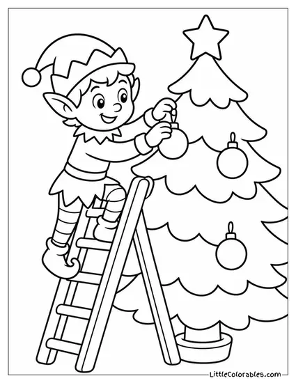 Elf Hanging Ornaments from a Ladder Coloring Page