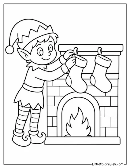Elf Hanging Stockings on the Fireplace Mantle Coloring Page