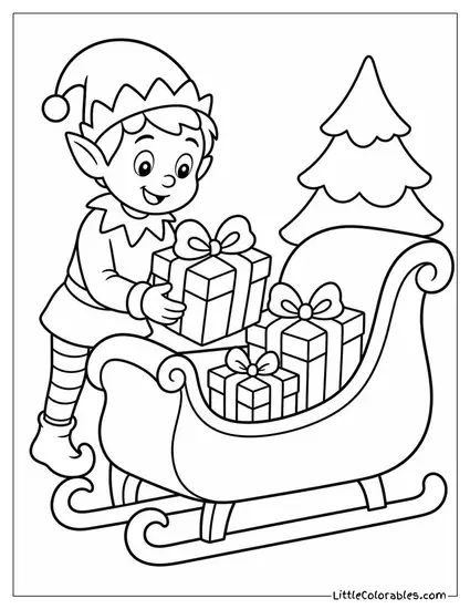 Elf Packing Gifts Into Santa's Sleigh Coloring Page