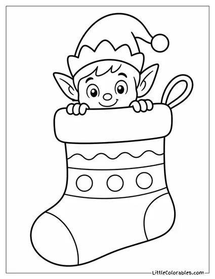Elf Peeking Out of a Christmas Stocking Coloring Page