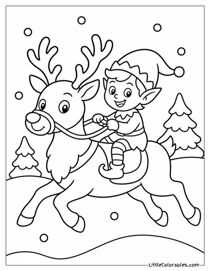 Elf Riding on a Reindeer Through the Snow Coloring Page