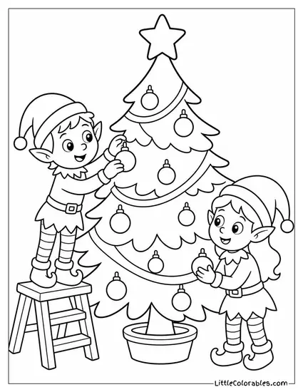 Elves Decorating a Christmas Tree with Ornaments Coloring Page