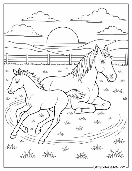 Foal Galloping in Tight Circles Around Its Resting Mother at Sunset Coloring Page