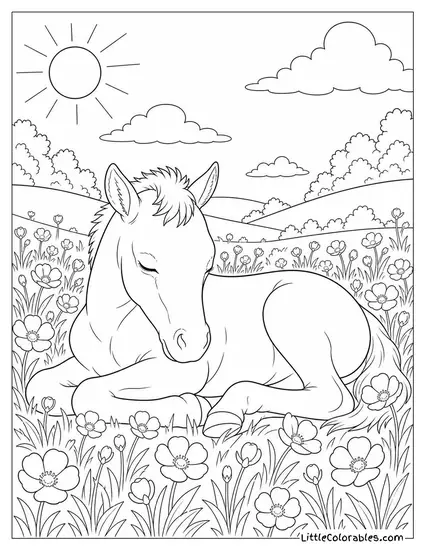 Foal Lying in Buttercups Napping in Full Sunshine in a Summer Meadow Coloring Page
