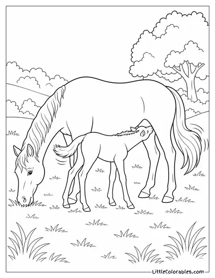 Foal Nursing with Tail Wagging While Its Mother Continues to Graze Quietly Coloring Page