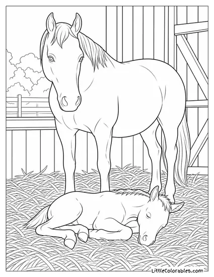 Foal Sleeping Flat in Deep Straw While Its Mother Stands Guard Above Coloring Page