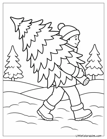 Freshly Cut Tree Carried Through the Snow Coloring Page