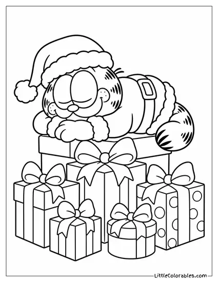 Garfield Dressed as Santa Asleep on Top of a Pile of Gifts Coloring Page