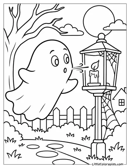 Ghost Blowing Out a Candle on a Web Covered Lantern Post Coloring Page