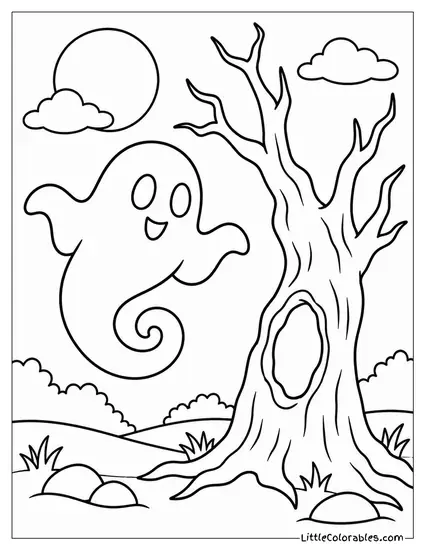 Ghost Curling Into a Spiral Shape Beside a Hollow Dead Tree Coloring Page