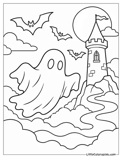 Ghost Drifting Lazily Through Fog with Bats Circling a Nearby Tower Coloring Page