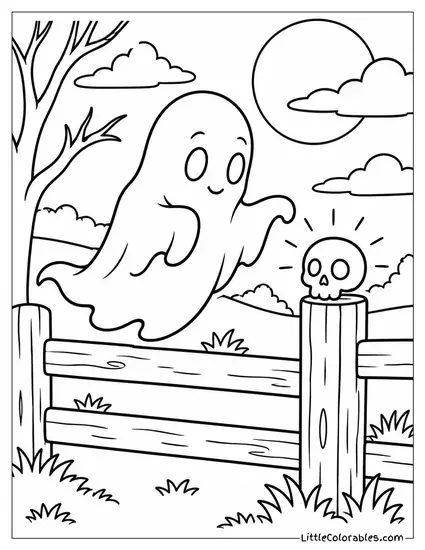 Ghost Drifting Near a Fence Post Topped with a Small Glowing Skull Coloring Page