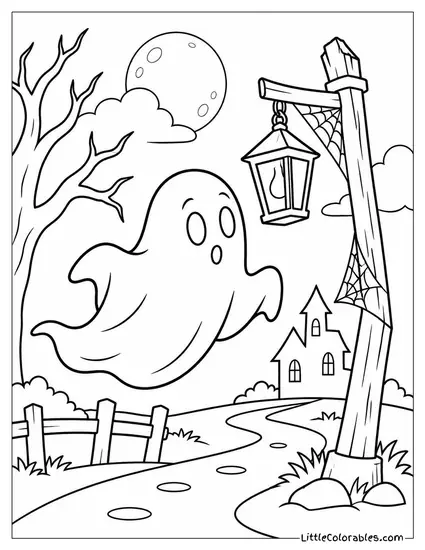 Ghost Drifting Past a Crooked Lantern Post Wrapped in Cobwebs Coloring Page
