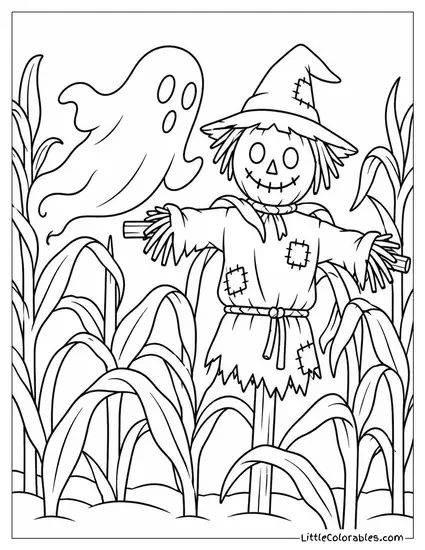 Ghost Drifting Past a Scarecrow Tangled in Twisted Cornstalk Shadows Coloring Page