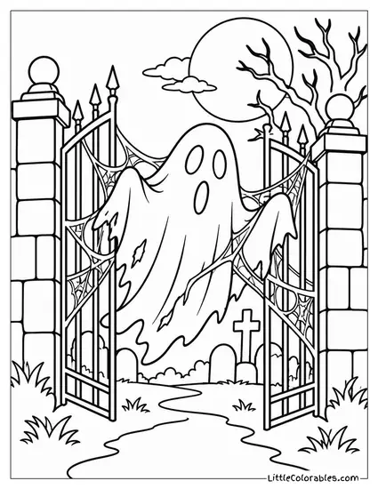 Ghost Drifting Through a Graveyard Gate Tangled in Torn Cobwebs Coloring Page