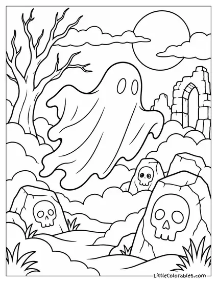 Ghost Drifting Through Fog with Skull Carvings Glowing on Nearby Stones Coloring Page