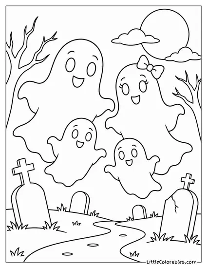 Ghost Family Drifting Through a Graveyard Lined with Crooked Tombstones Coloring Page