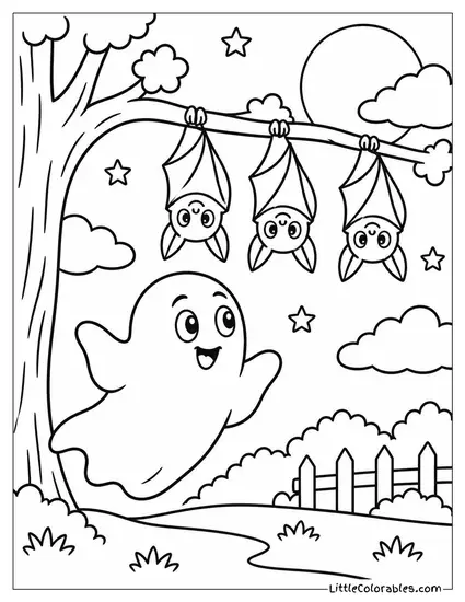 Ghost Floating Cheerfully Past a Row of Bats Hanging Upside Down Coloring Page
