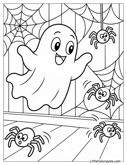 Ghost Floating Gleefully as Spiders Scatter Across a Web Covered Wall Coloring Page
