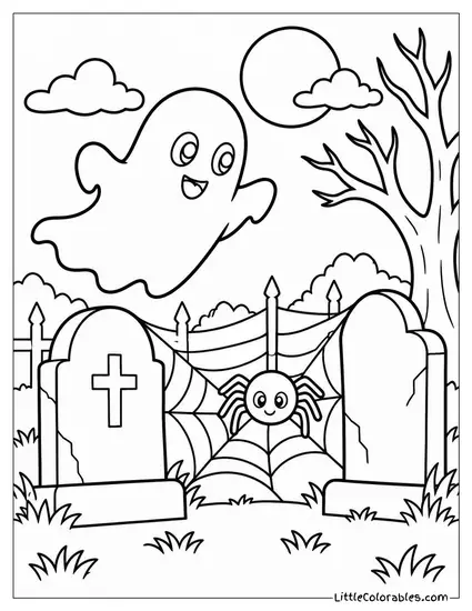 Ghost Floating Near a Spider Spinning a Web Between Tombstones Coloring Page