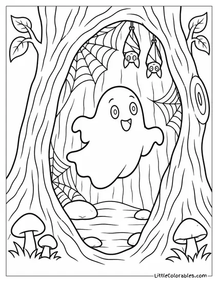 Ghost Floating Through a Hollow Tree Stuffed with Cobwebs and Bats Coloring Page