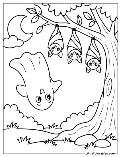 Ghost Floating Upside Down Near a Tree Hung with Dangling Bats Coloring Page
